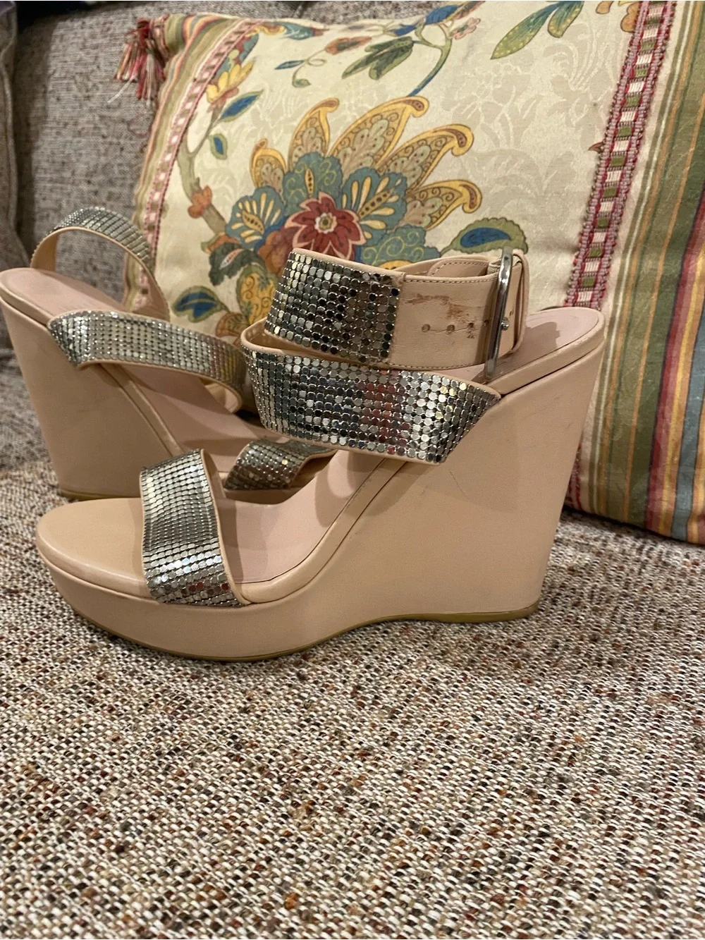 Stuart Weitzman Nude Platform Sandals with Silver Rhinestone Straps